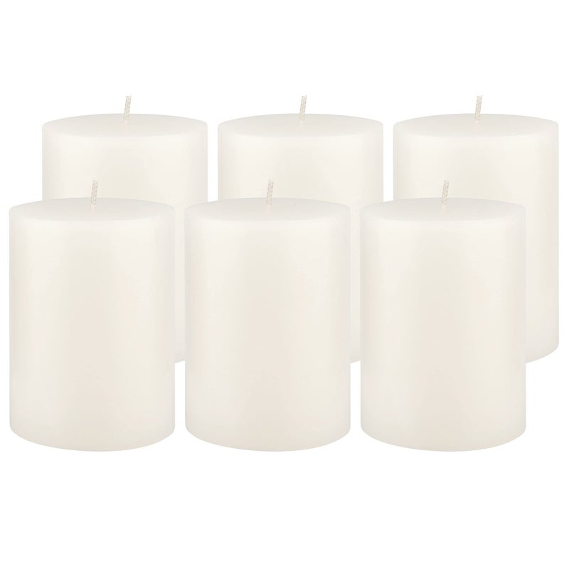 Stonebriar Tall 3 x 4 Inch 50 Hour Long Burning Unscented Wax Flat Top Pillar Candles, White, 6 Pack - Image 1